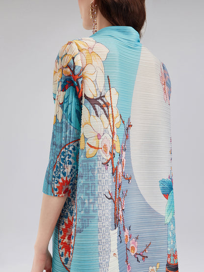 Artistic Print Pleated High Neck Dress (Slip Dress Included)
