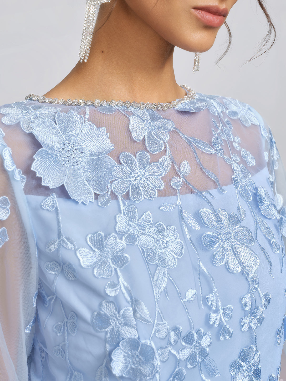 3D Floral Embroidered Mesh X-Waist Dress