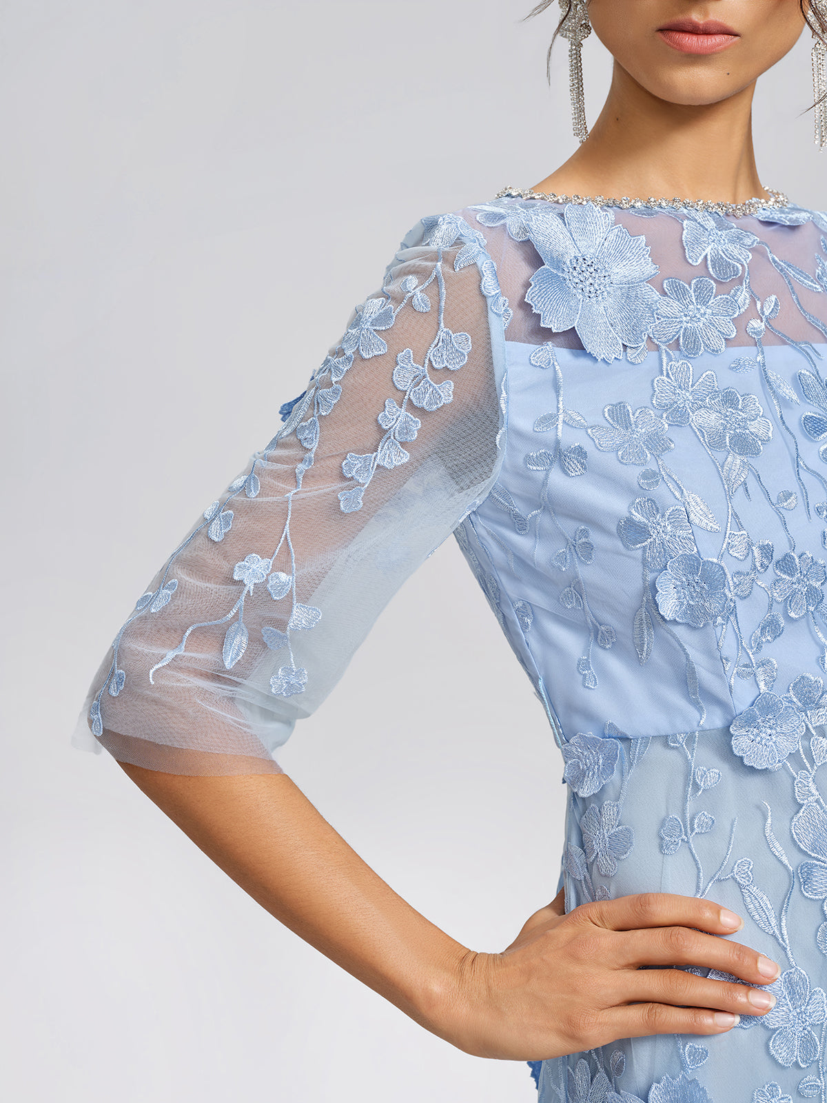 3D Floral Embroidered Mesh X-Waist Dress