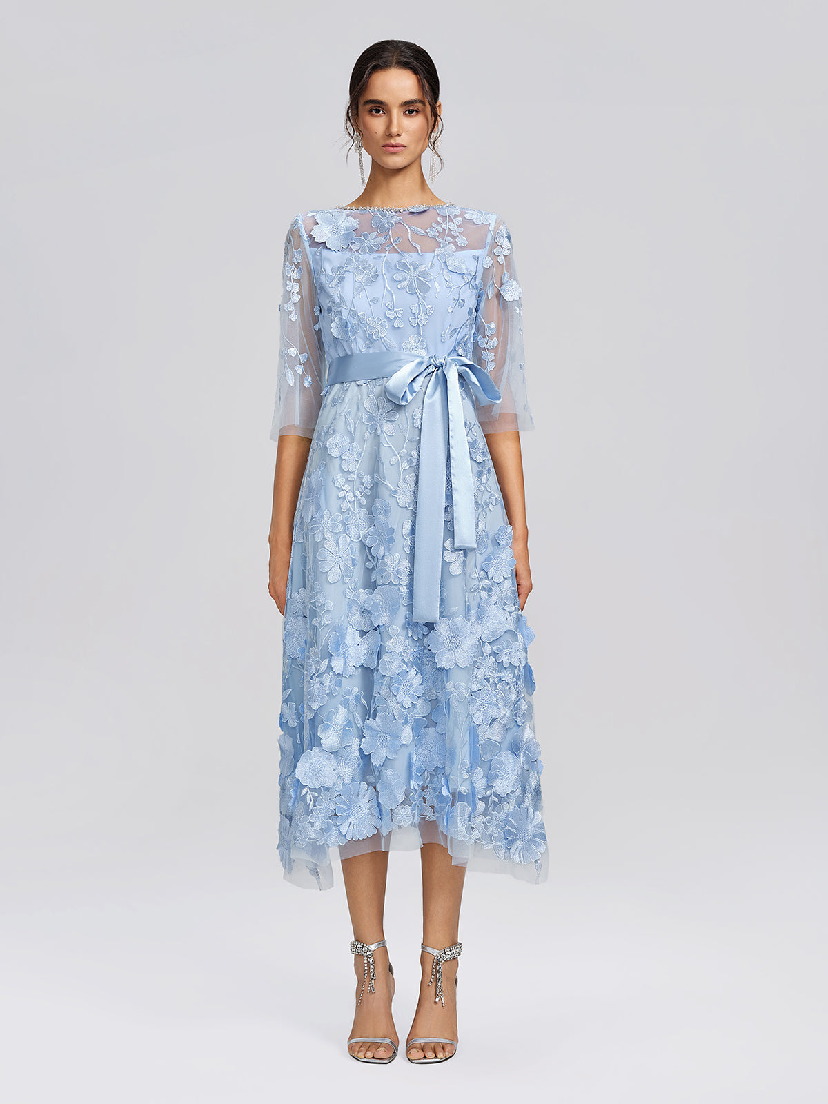 3D Floral Embroidered Mesh X-Waist Dress