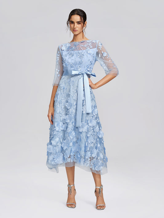 3D Floral Embroidered Mesh X-Waist Dress