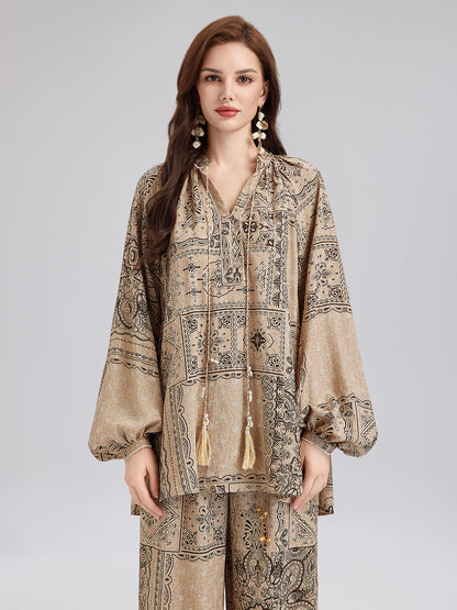 Paisley Cotton-Linen Vacation Relaxed Blouse
