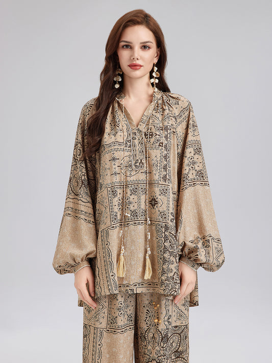 Paisley Cotton-Linen Vacation Relaxed Blouse
