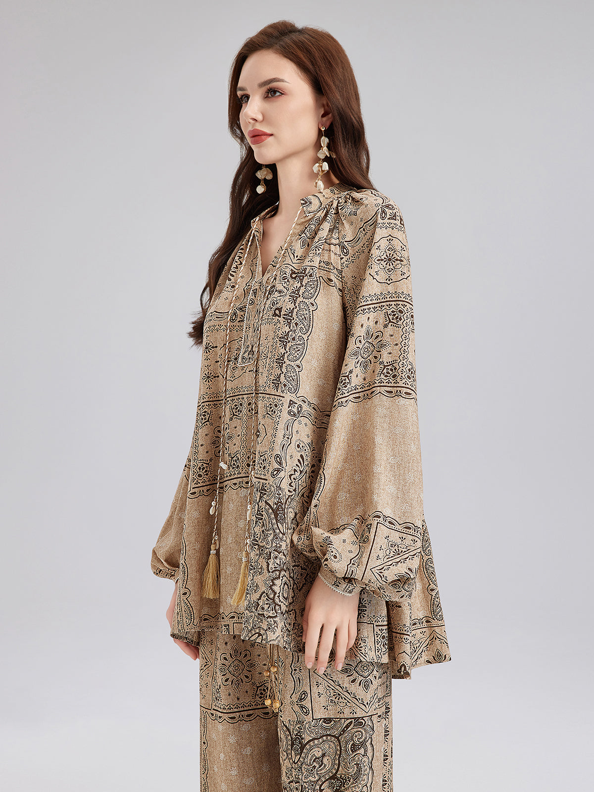 Paisley Cotton-Linen Vacation Relaxed Blouse
