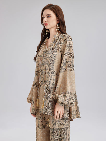 Paisley Cotton-Linen Vacation Relaxed Blouse