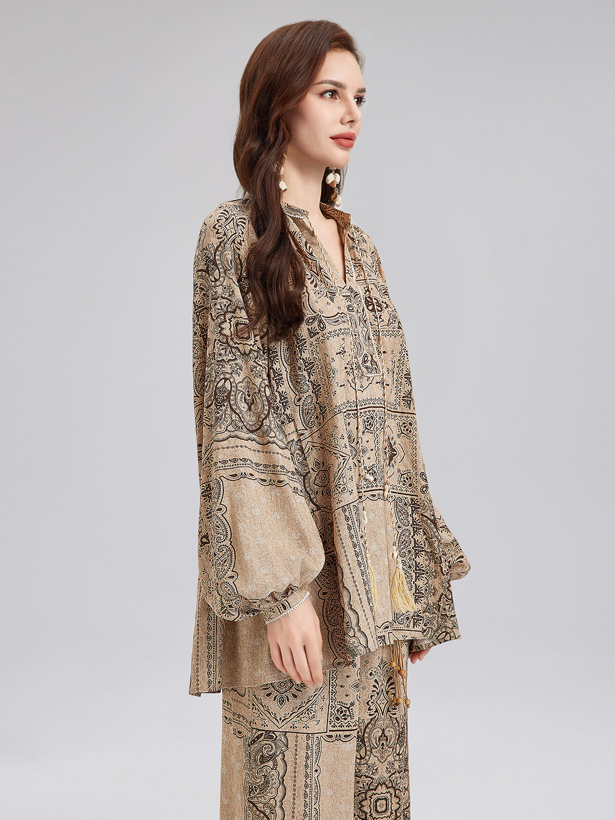 Paisley Cotton-Linen Vacation Relaxed Blouse