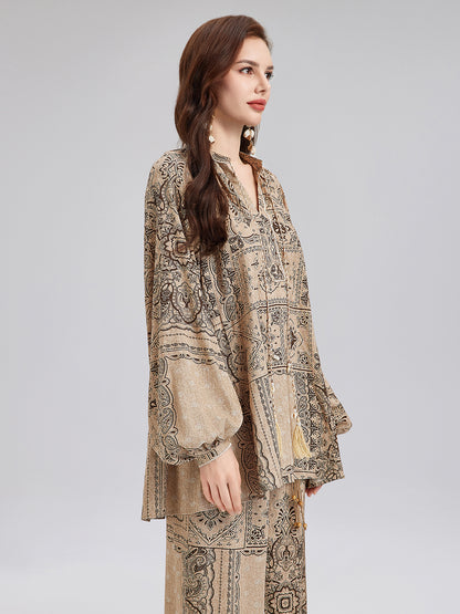 Paisley Cotton-Linen Vacation Relaxed Blouse