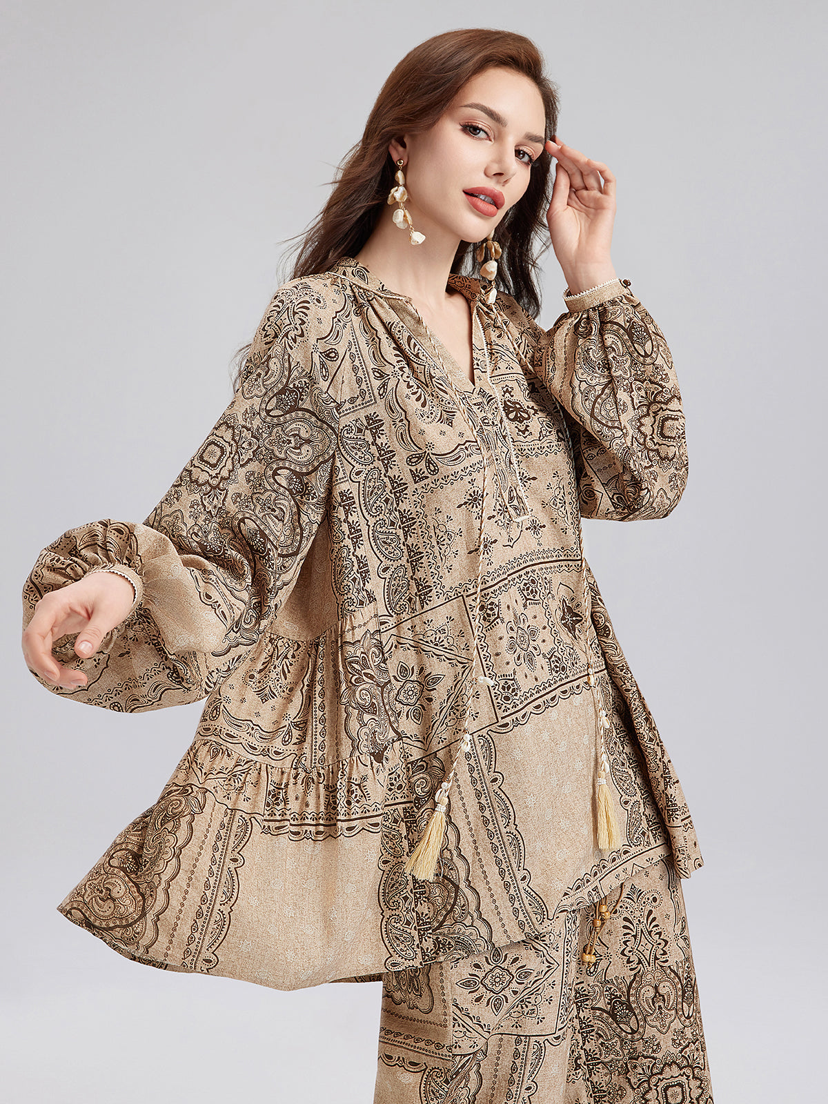 Paisley Cotton-Linen Vacation Relaxed Blouse