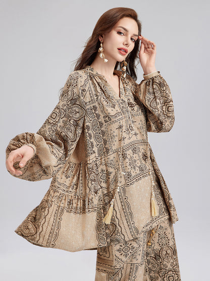 Paisley Cotton-Linen Vacation Relaxed Blouse