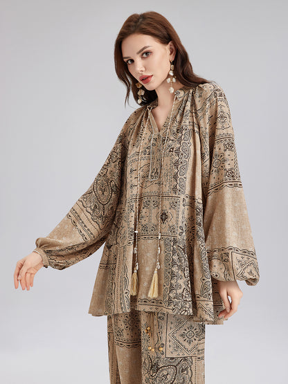 Paisley Cotton-Linen Vacation Relaxed Blouse