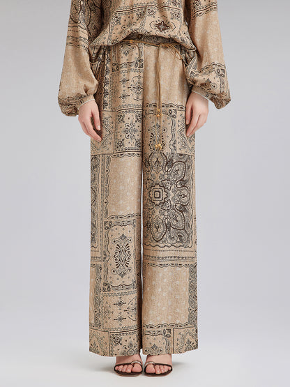 Paisley Print Vacation Wide-Leg Pants with Belt