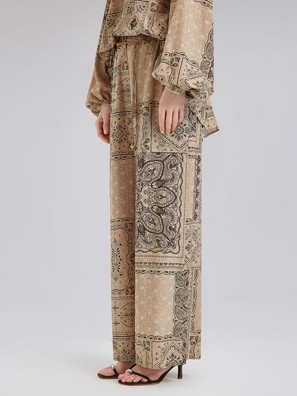 Paisley Print Vacation Wide-Leg Pants with Belt