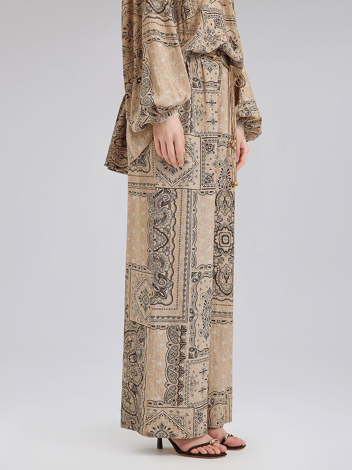 Paisley Print Vacation Wide-Leg Pants with Belt