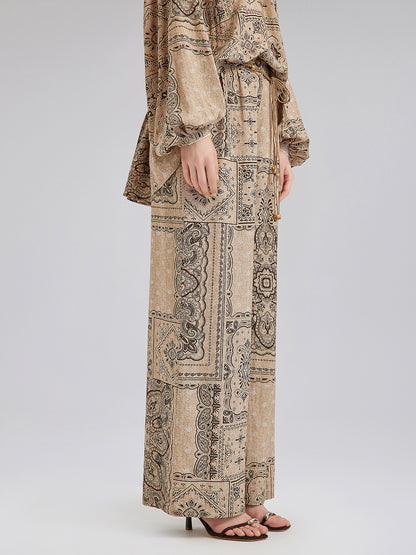 Paisley Print Vacation Wide-Leg Pants with Belt