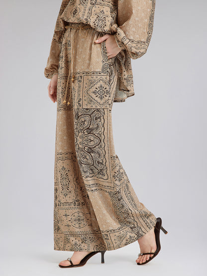 Paisley Print Vacation Wide-Leg Pants with Belt