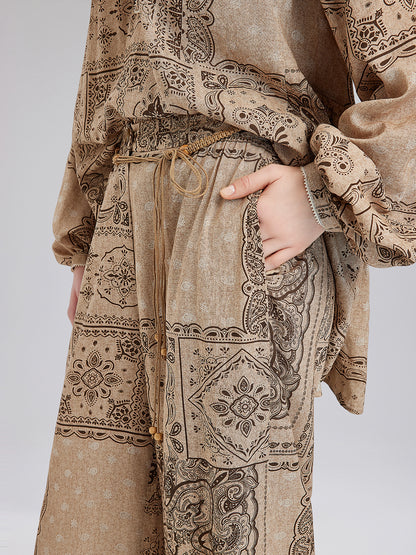 Paisley Print Vacation Wide-Leg Pants with Belt
