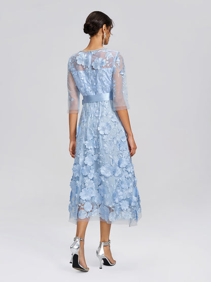 3D Floral Embroidered Mesh X-Waist Dress