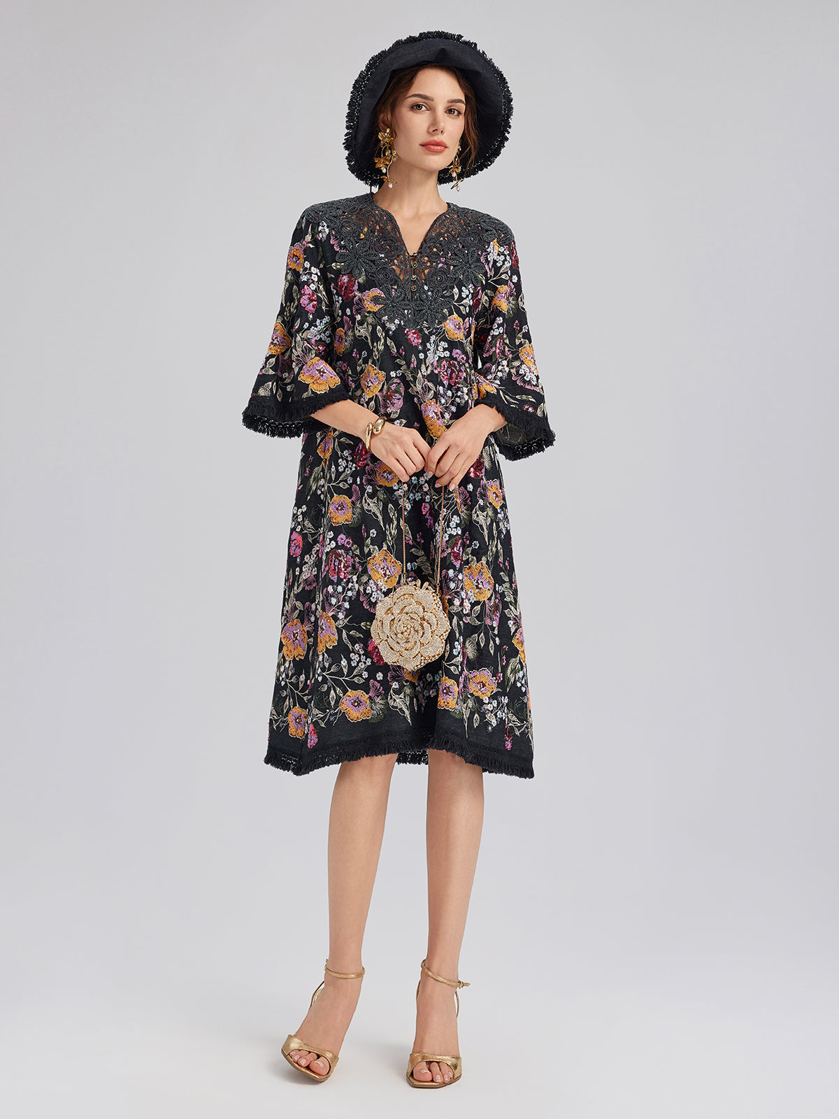 Hand-Beaded Floral Denim Raw-Edge Hat