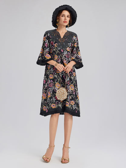 Hand-Beaded Floral Denim Raw-Edge Hat