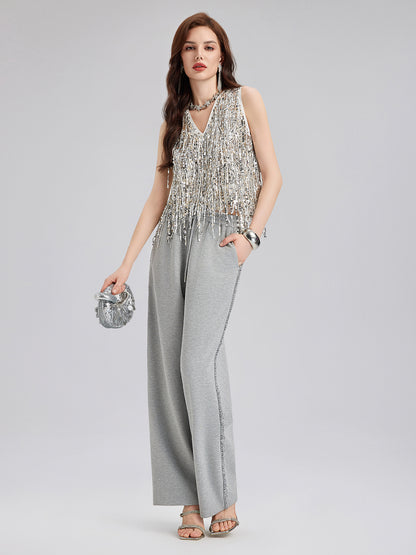 Tassel Sequin Embroidered V-Neck Vest