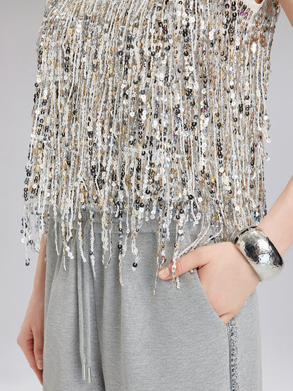 Tassel Sequin Embroidered V-Neck Vest