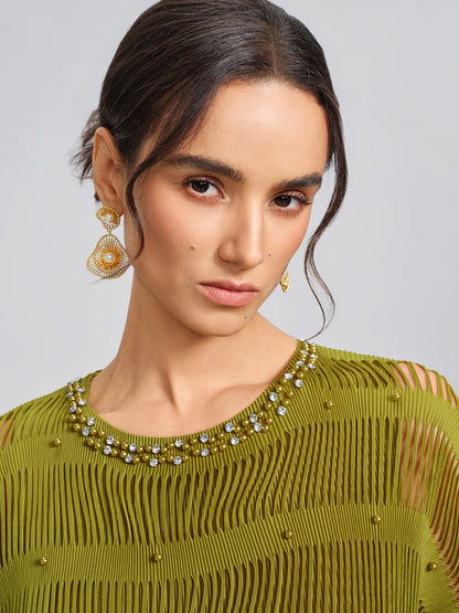 Fan-shaped Openwork Pearl Long Dangle Earrings
