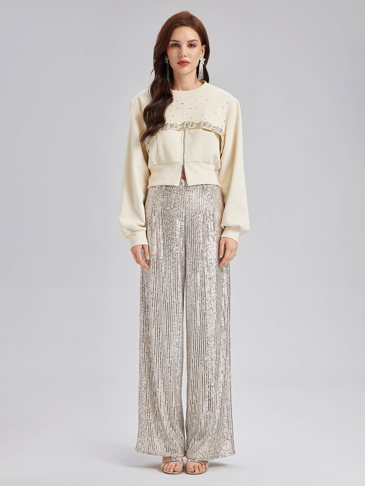 Diamond-Embellished Zipper Vest & Non-hooded Set