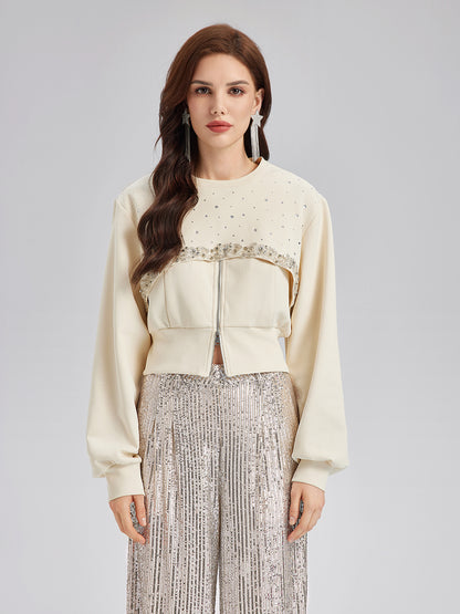 Diamond-Embellished Zipper Vest & Non-hooded Set