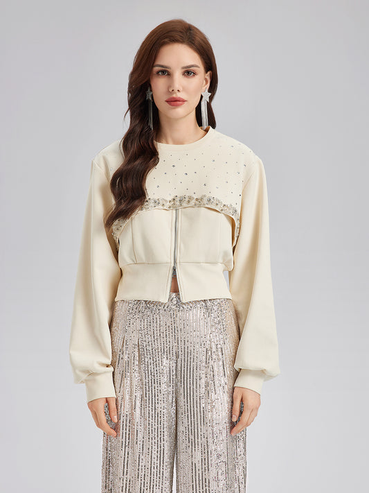Diamond-Embellished Zipper Vest & Non-hooded Set