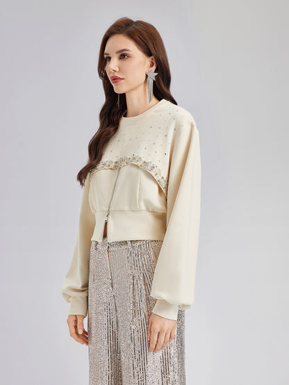 Diamond-Embellished Zipper Vest & Non-hooded Set