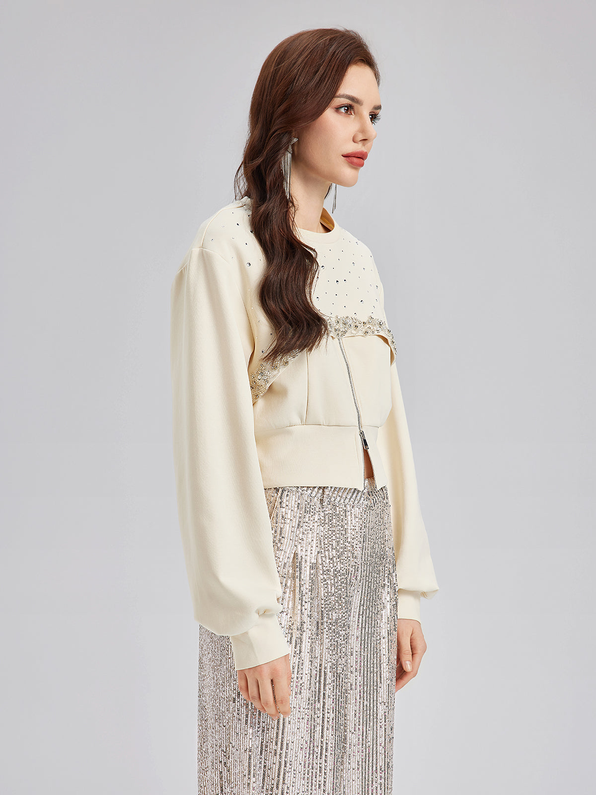 Diamond-Embellished Zipper Vest & Non-hooded Set