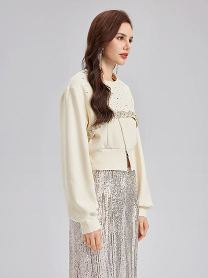 Diamond-Embellished Zipper Vest & Non-hooded Set