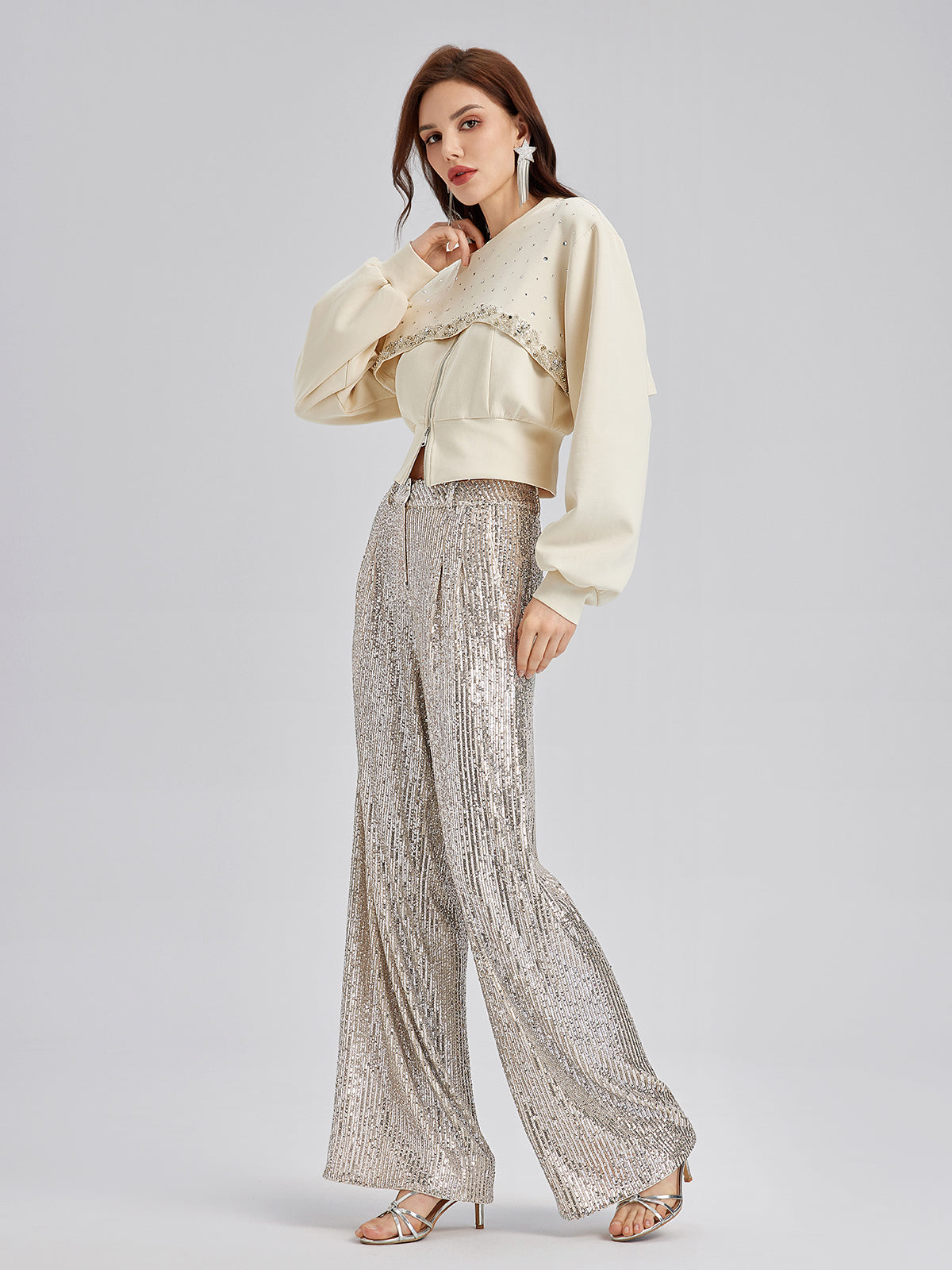 Diamond-Embellished Zipper Vest & Non-hooded Set