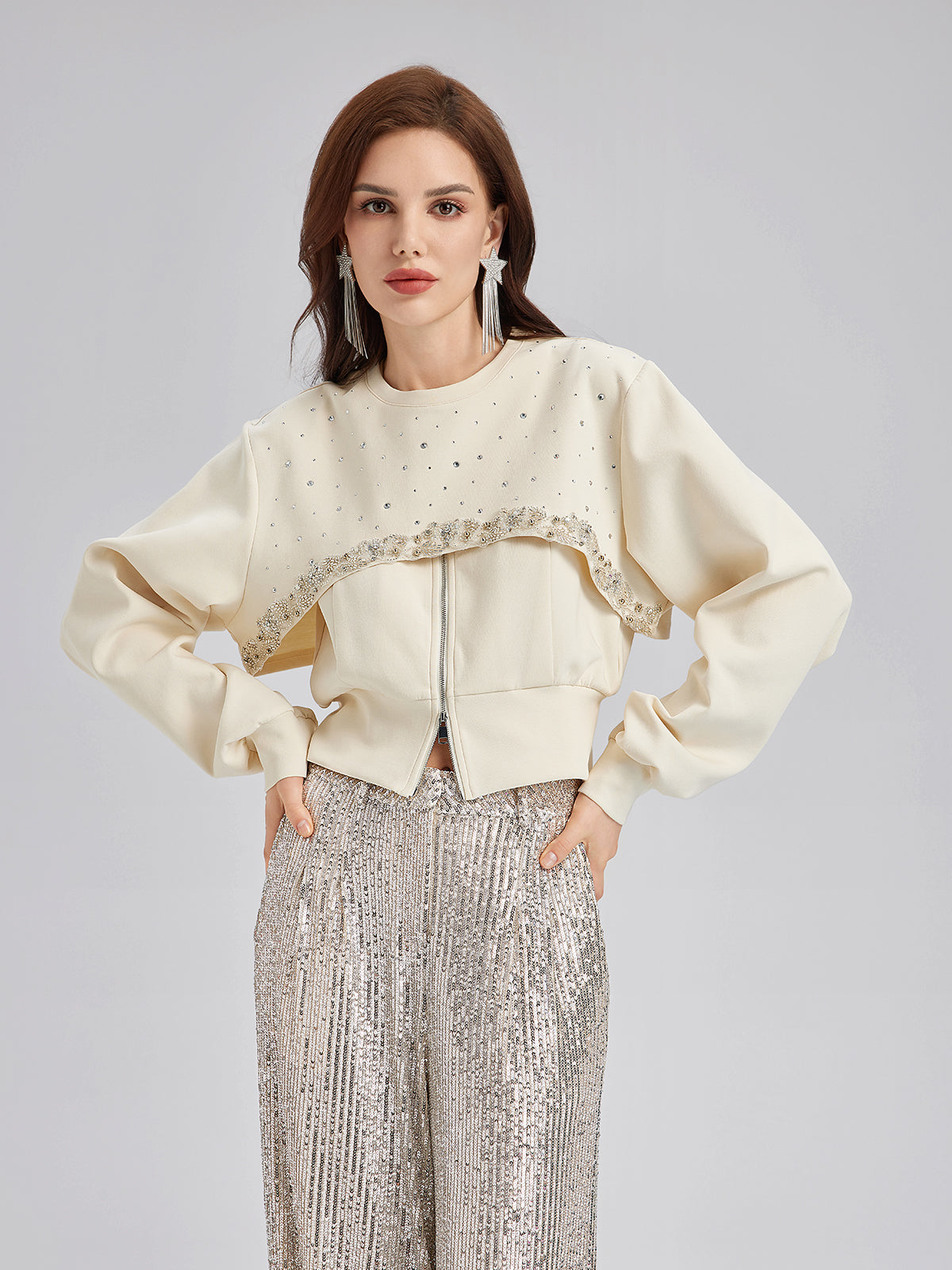 Diamond-Embellished Zipper Vest & Non-hooded Set