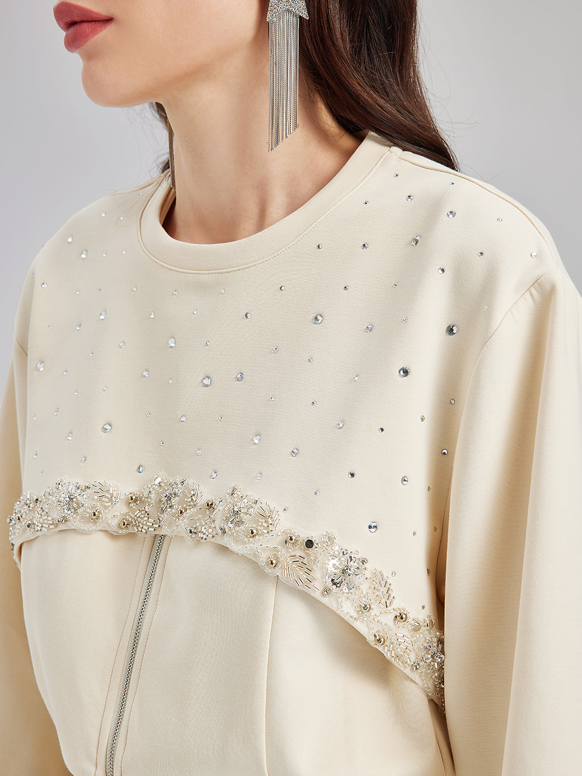 Diamond-Embellished Zipper Vest & Non-hooded Set