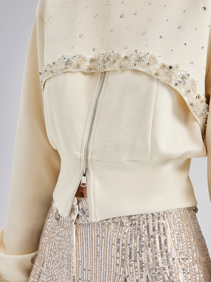 Diamond-Embellished Zipper Vest & Non-hooded Set