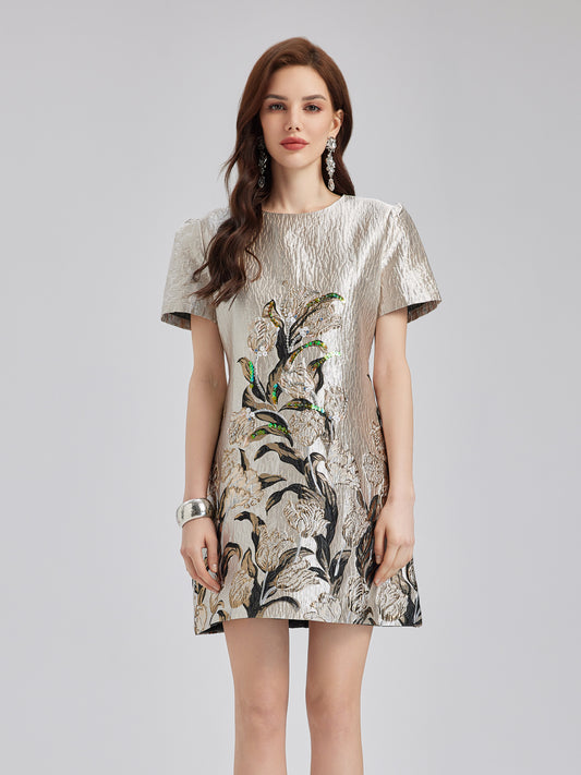 Luxe Bronzing Embroidered Floral Sequin Dress