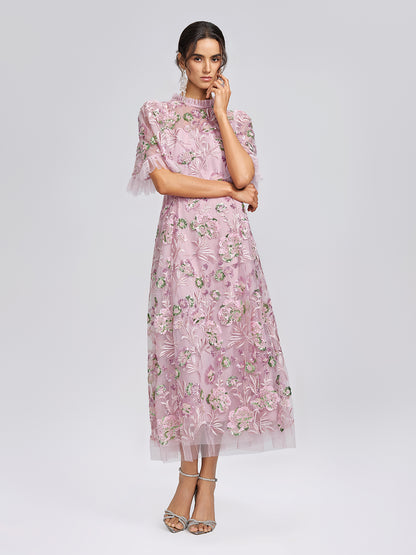 3D Floral Embroidered Sequin Mesh High-Waist Flare Dress
