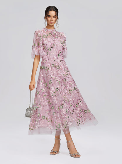 3D Floral Embroidered Sequin Mesh High-Waist Flare Dress