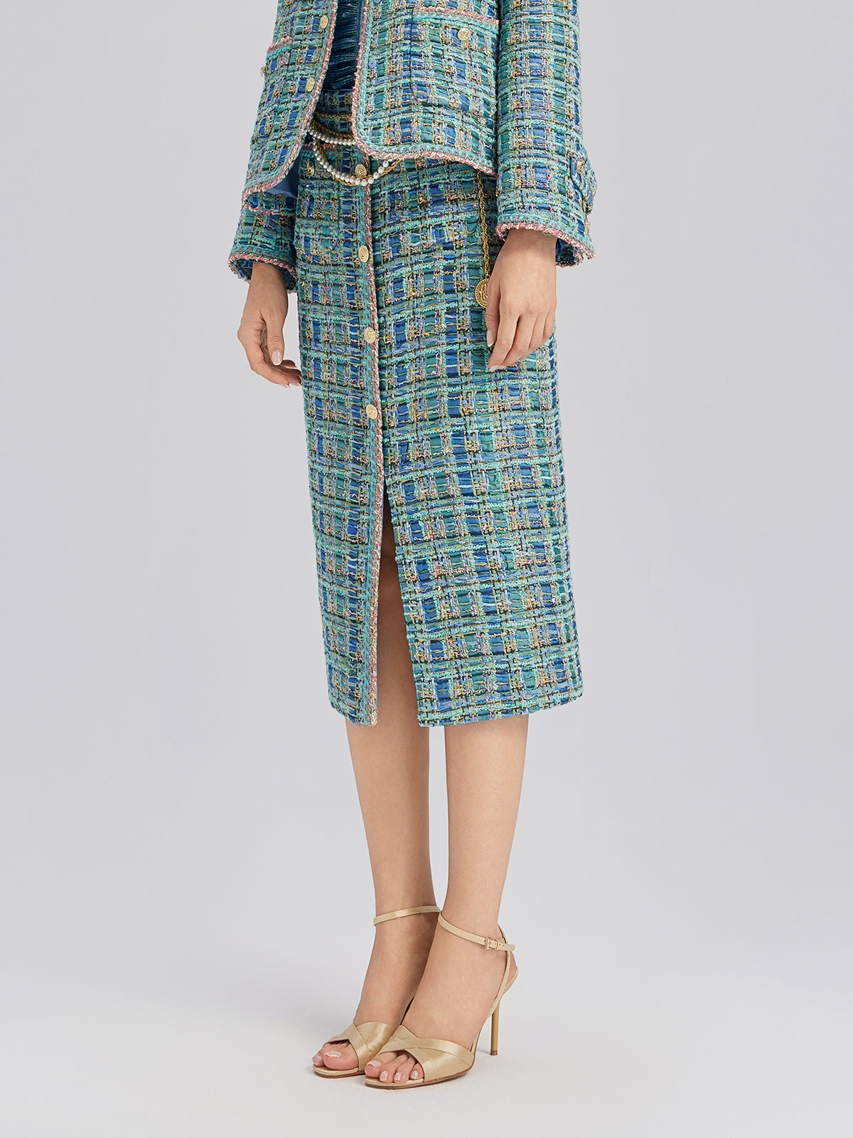 Multicolor Tweed Hand-Sewn Braid Trim Skirt