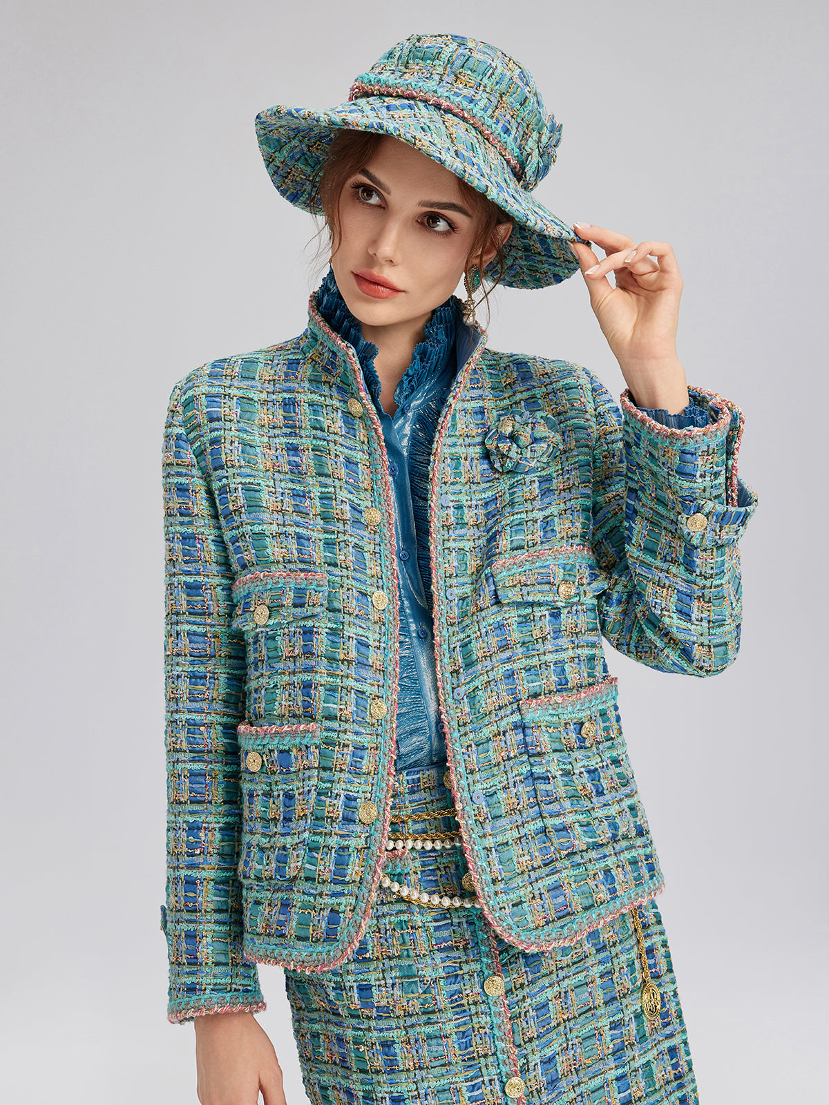 Multicolor Tweed Hand-Sewn Braid Trim Hat