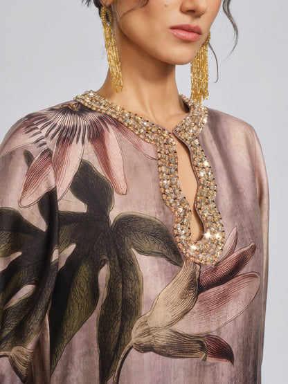 Crystal Embellished Passion Flower Print Dress