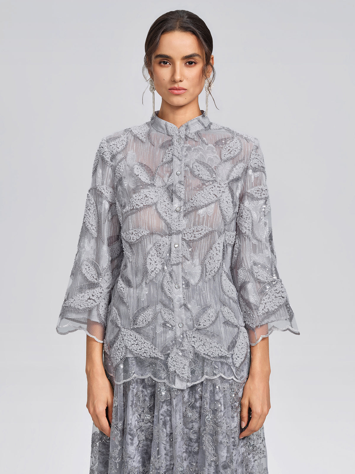Mesh Leaf Embroidery Mandarin Collar Blouse
