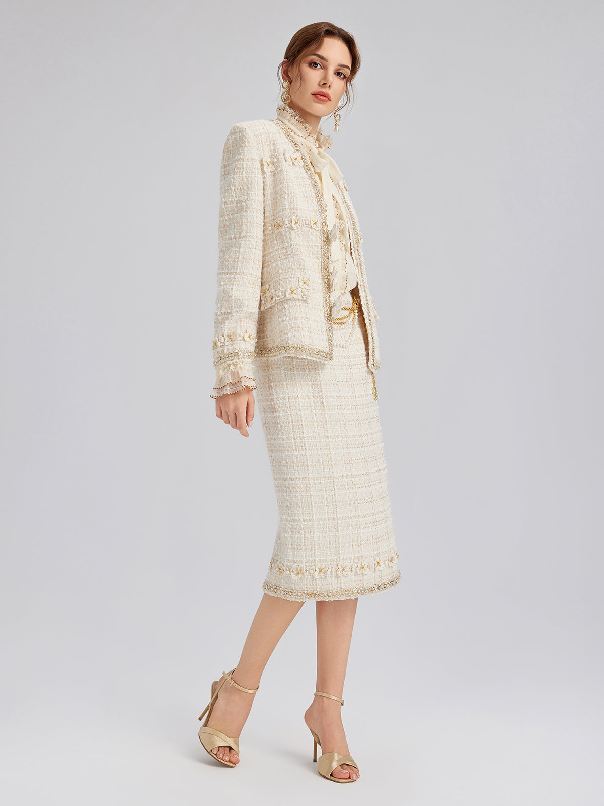Two-Tone Check Tweed Hand-Beaded Floral Jacket (Matching Scrunchie Included)
