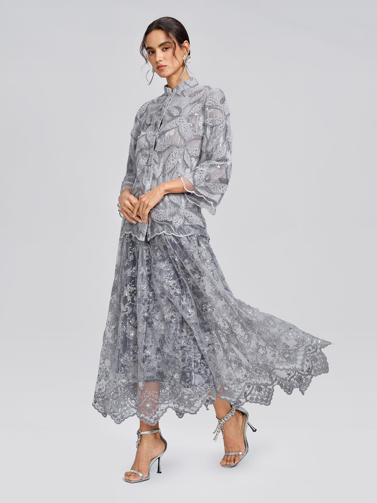 Embroidered Lace Sequin A-Line Skirt