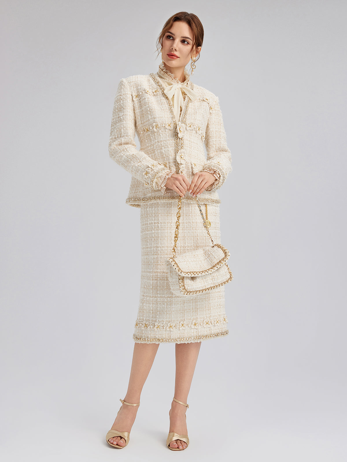 Two-Tone Check Tweed Hand-Beaded Floral Jacket (Matching Scrunchie Included)