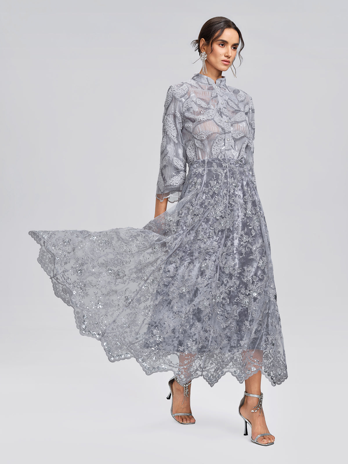 Mesh Leaf Embroidery Mandarin Collar Blouse