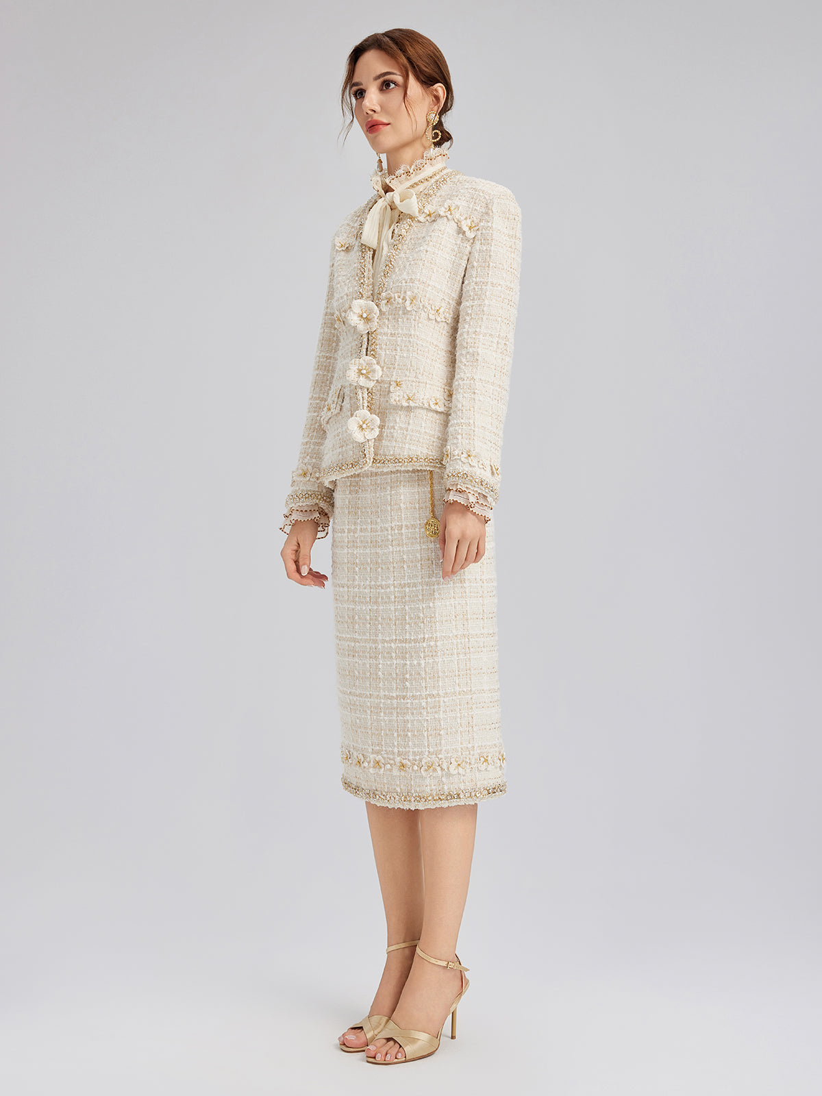 Two-Tone Check Tweed Hand-Beaded Floral Jacket (Matching Scrunchie Included)