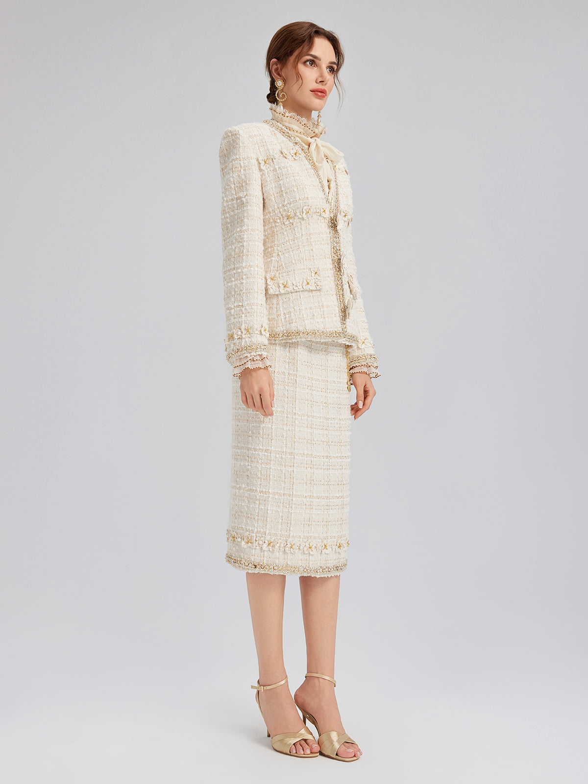 Two-Tone Check Tweed Hand-Beaded Floral Jacket (Matching Scrunchie Included)