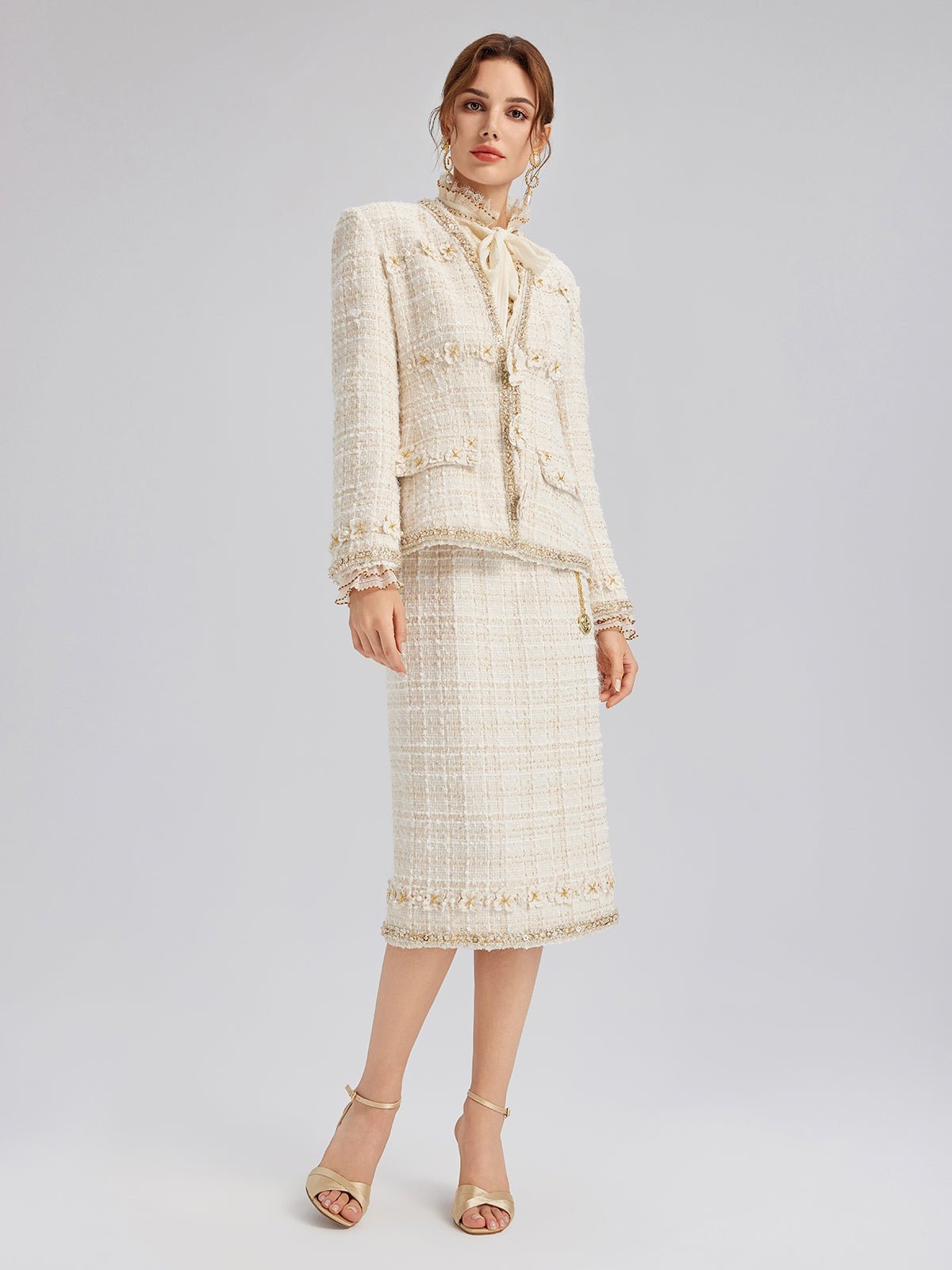Two-Tone Check Tweed Hand-Beaded Floral Jacket (Matching Scrunchie Included)